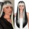 28 inches Women's Silky Long Straight Black with Blonde Strips Wig